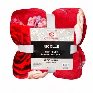 Citi Mall Red Floral King Flannel Blanket